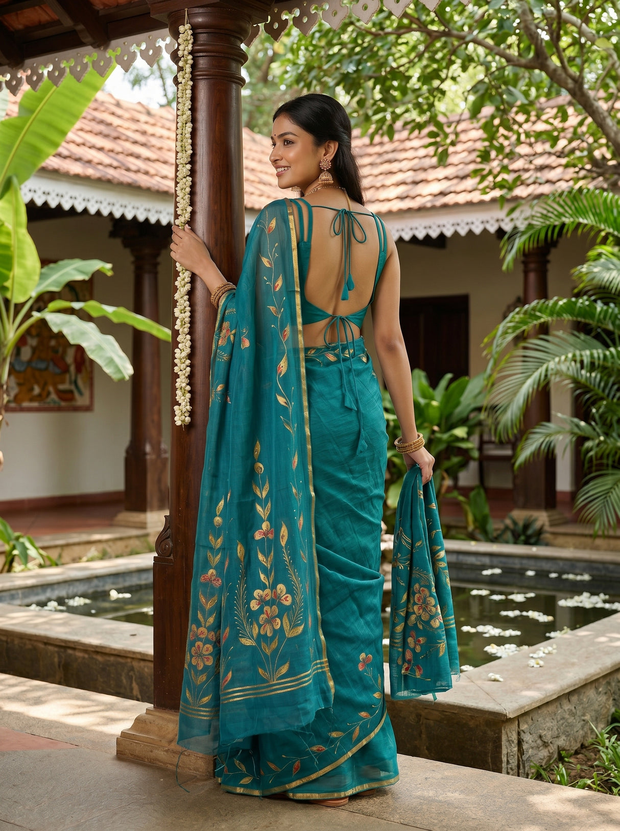 MIMOSA Sapphire Banarasi chiffon Saree — pose 3 styling detail