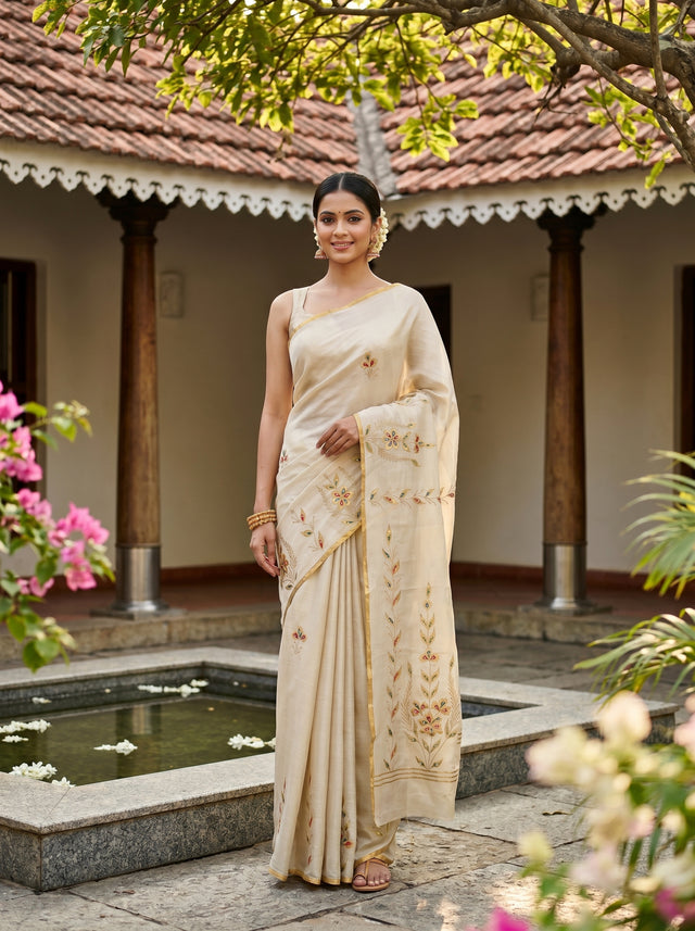 MIMOSA Tussar Banarasi chiffon Saree — AI Model lifestyle pose 1