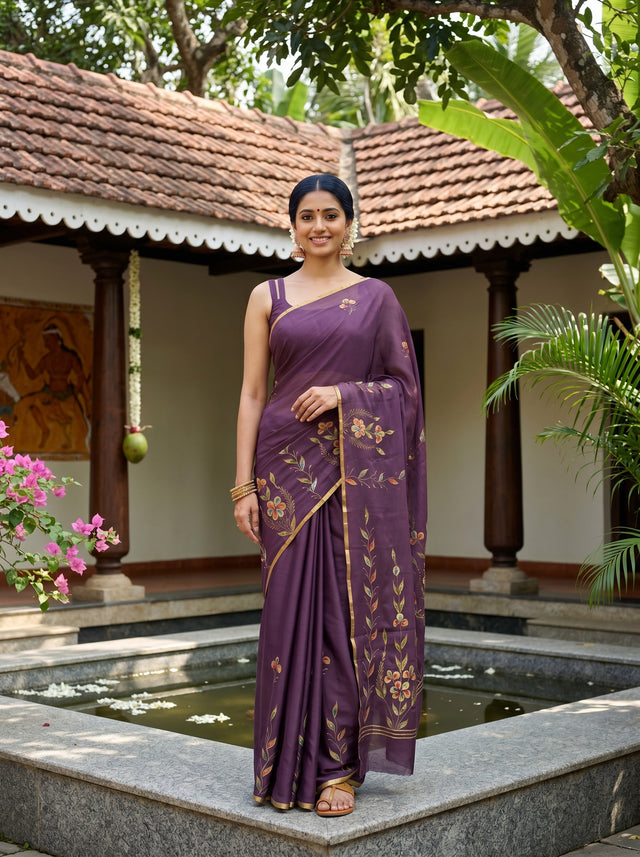 MIMOSA Violet Banarasi chiffon Saree — AI Model lifestyle pose 1