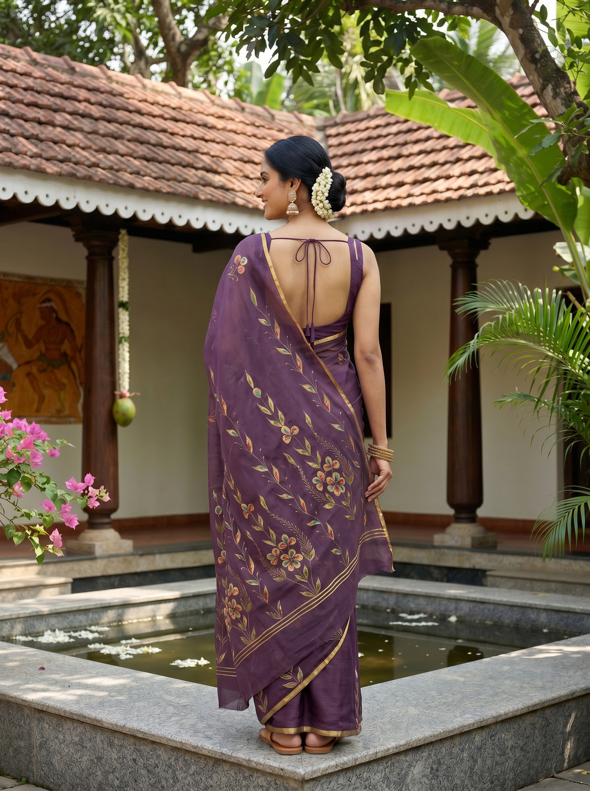 MIMOSA Violet Banarasi chiffon Saree — pose 2 styling detail