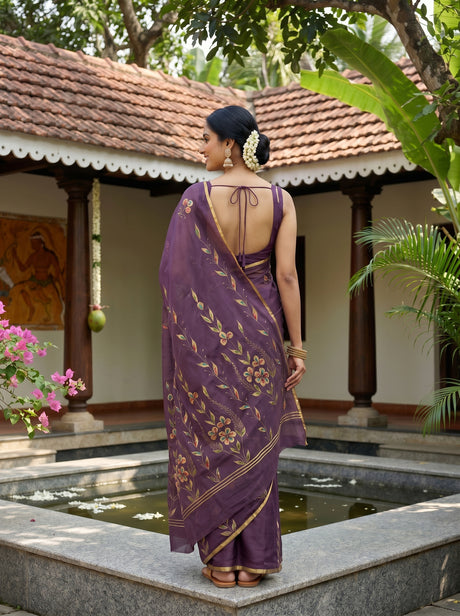 MIMOSA Violet Banarasi chiffon Saree — pose 2 styling detail