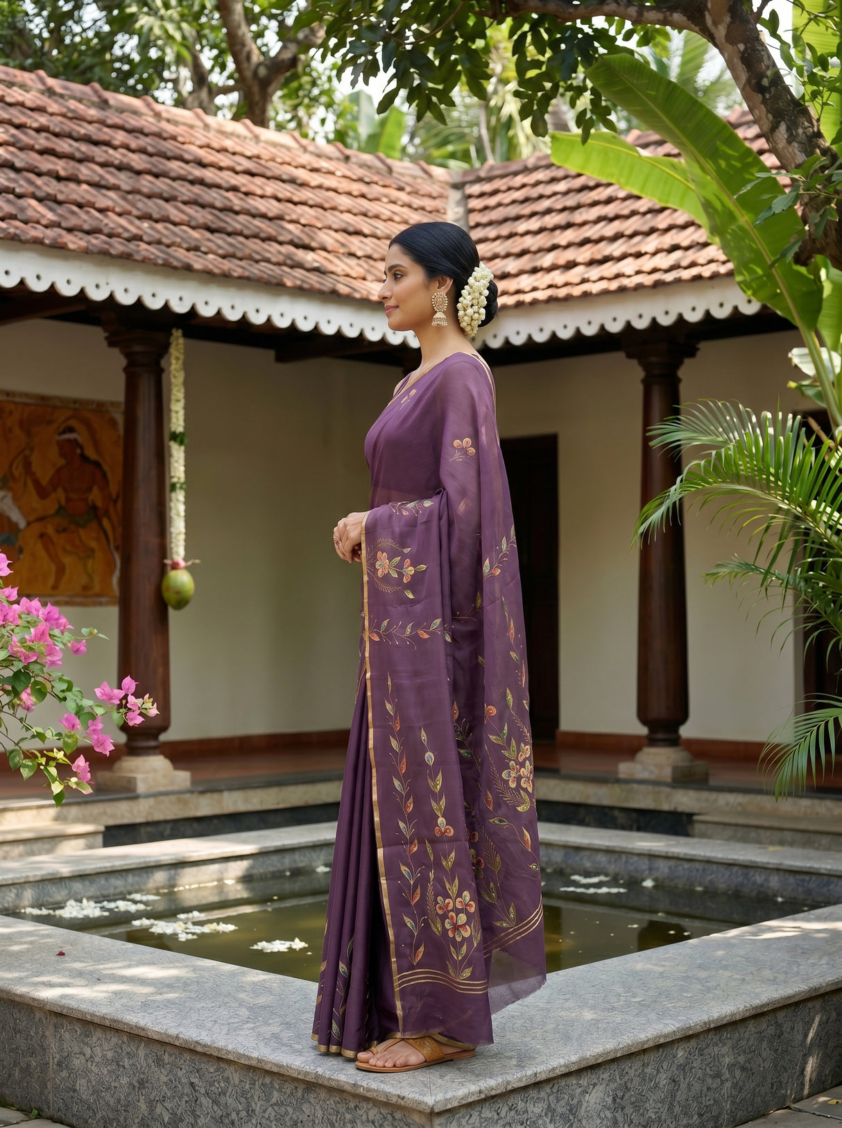 MIMOSA Violet Banarasi chiffon Saree — pose 3 styling detail