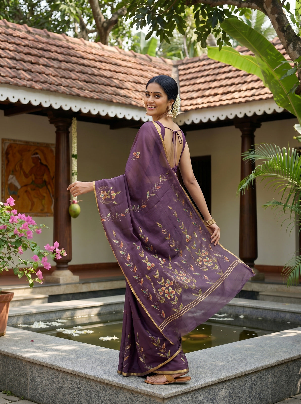 MIMOSA Violet Banarasi chiffon Saree — pose 5 styling detail