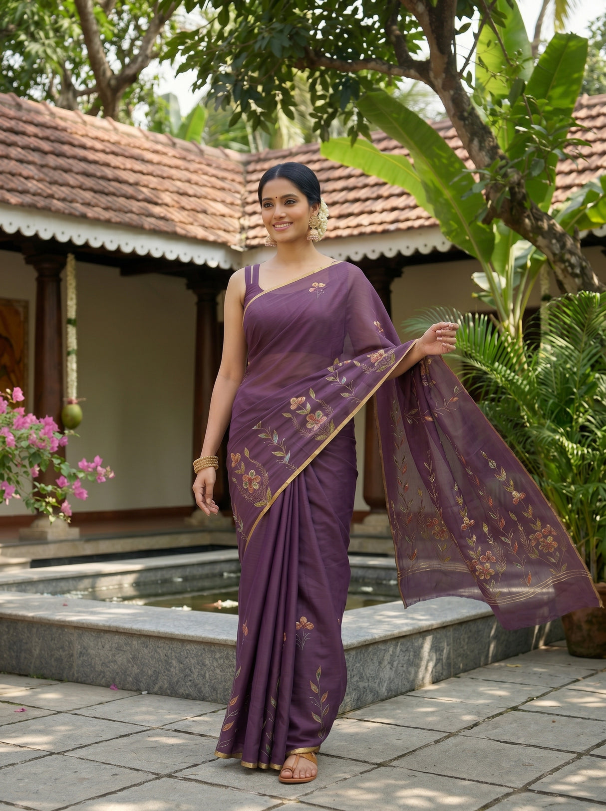 MIMOSA Violet Banarasi chiffon Saree — pose 6 styling detail