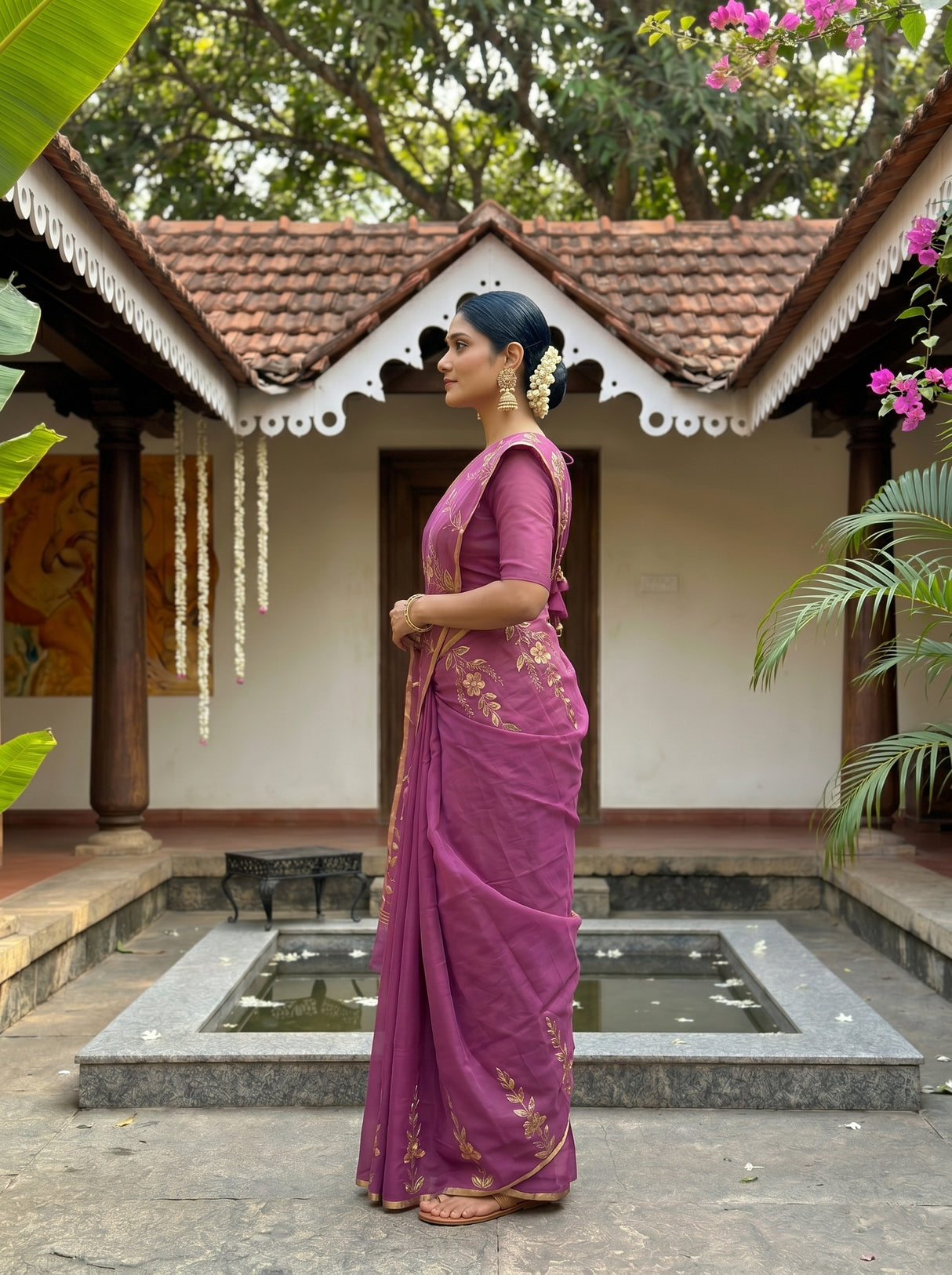 MIMOSA Wine Banarasi chiffon Saree — pose 3 styling detail