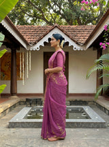 MIMOSA Wine Banarasi chiffon Saree — pose 3 styling detail