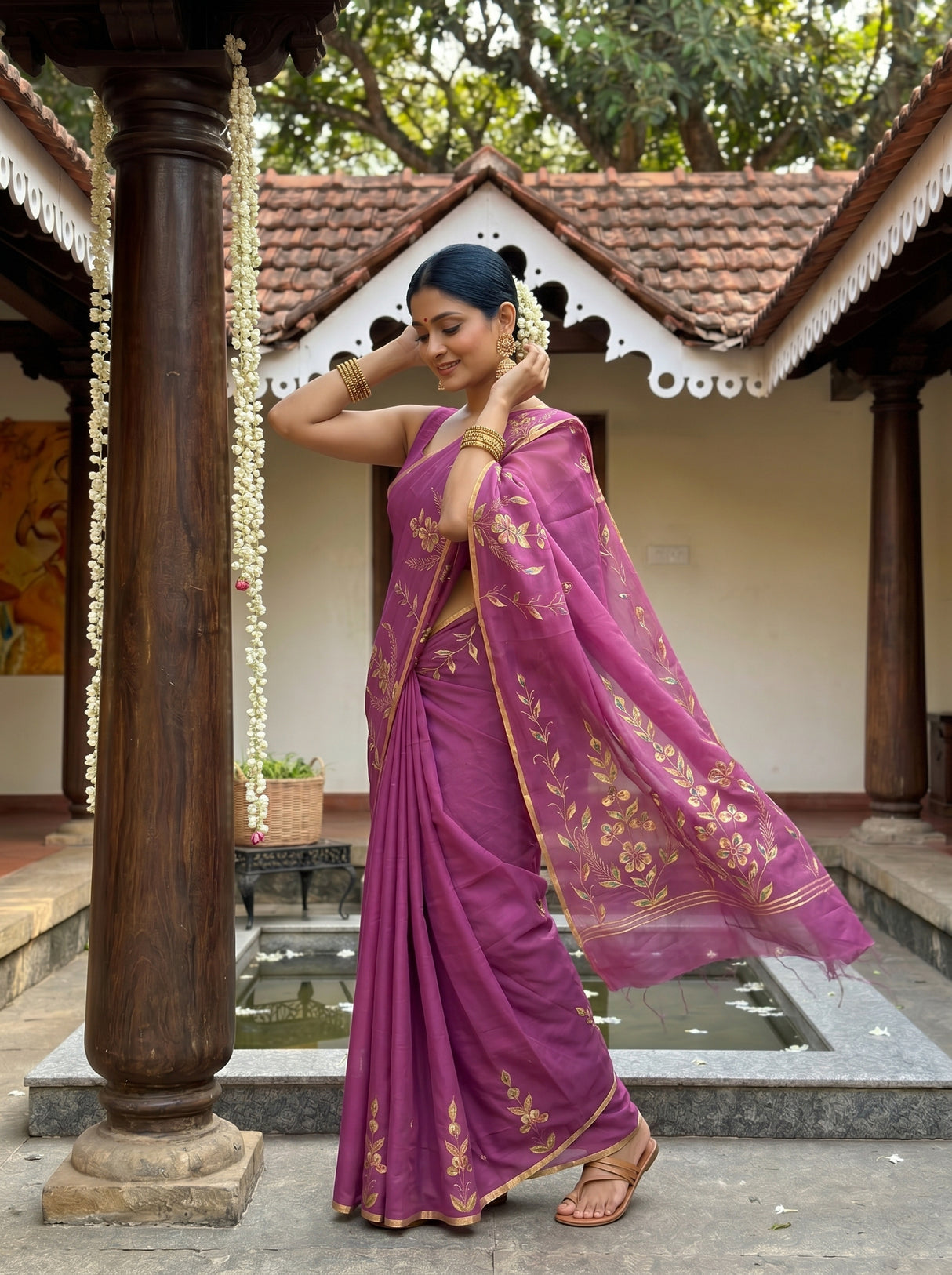 MIMOSA Wine Banarasi chiffon Saree — pose 9 styling detail