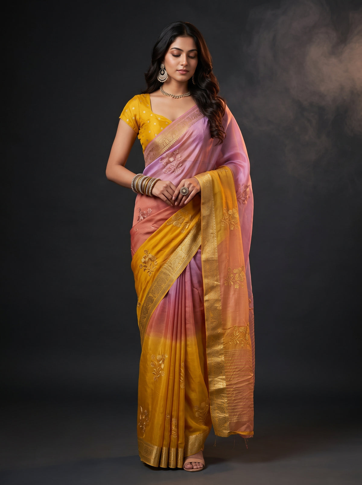 MIMOSA Gold Jaipur Saree — front view on mannequin