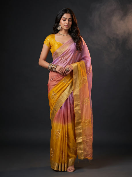 MIMOSA Gold Jaipur Saree — front view on mannequin