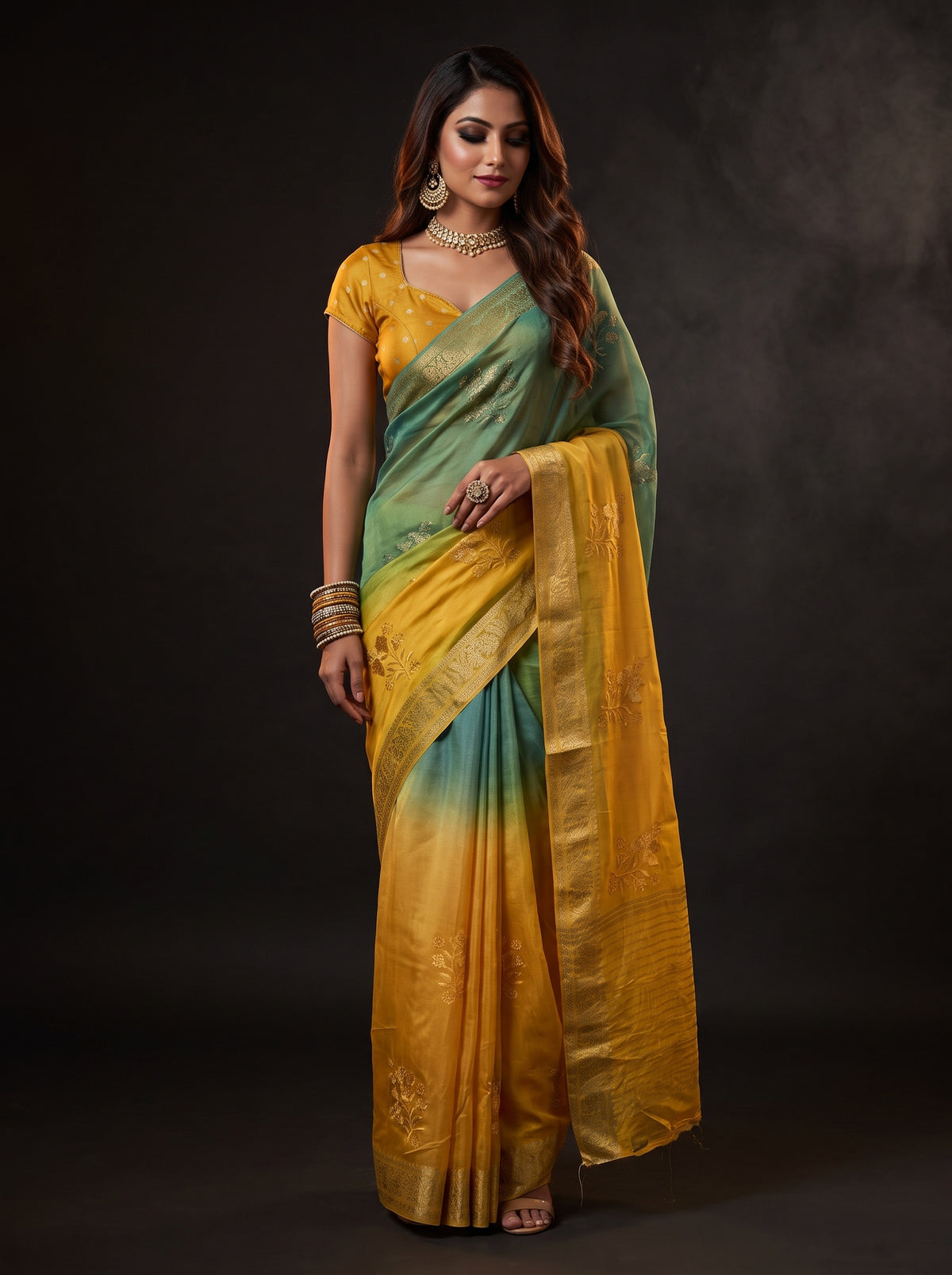 MIMOSA Mustard Jaipur Saree — front view on mannequin