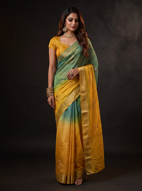 MIMOSA Mustard Jaipur Saree — front view on mannequin
