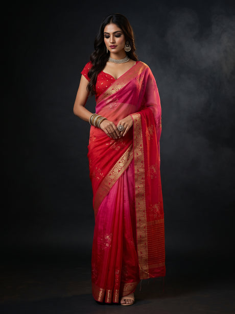 MIMOSA Strawberry Jaipur Saree — front view on mannequin