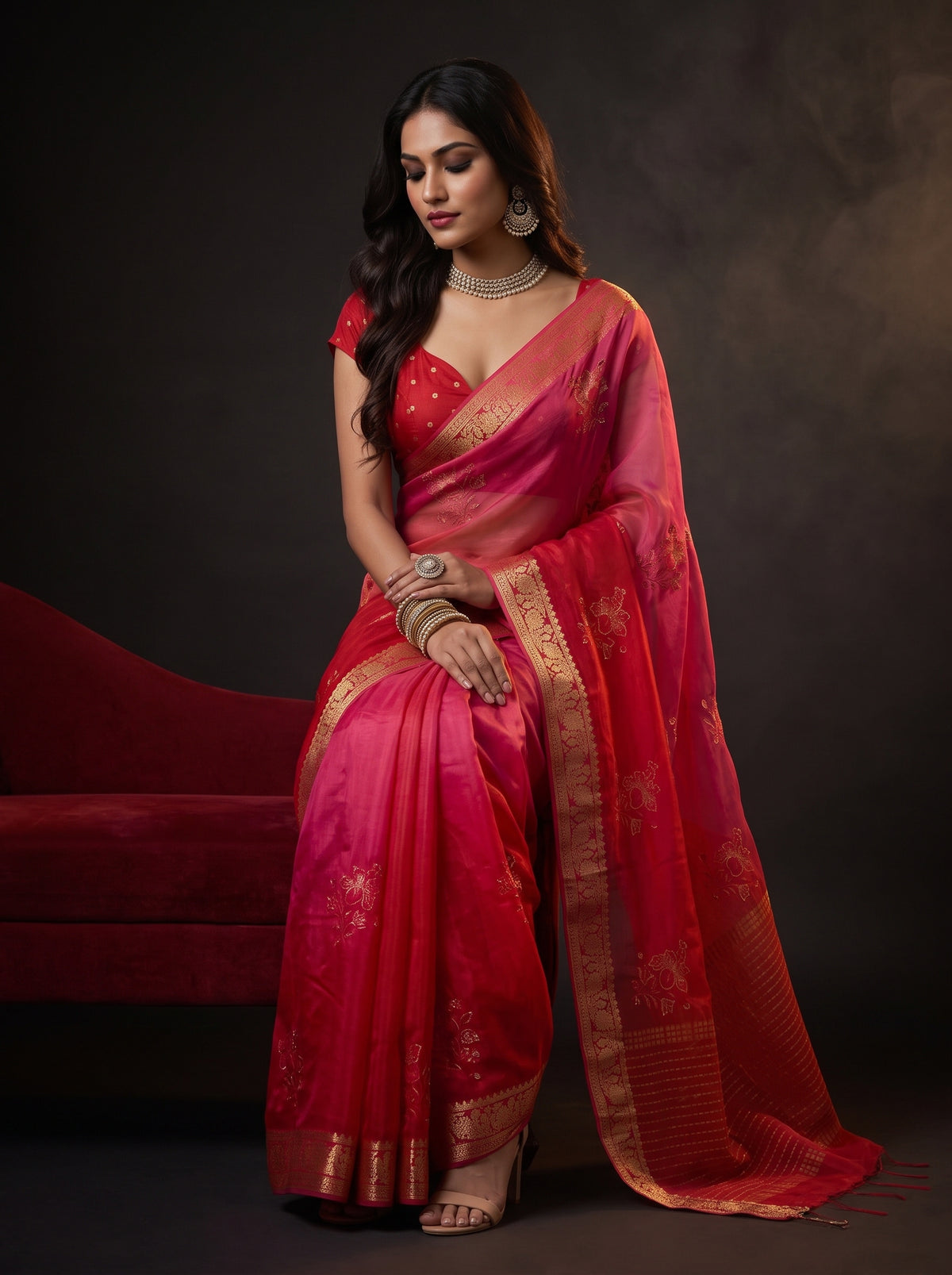 MIMOSA Strawberry Jaipur Saree — pose 8 styling detail