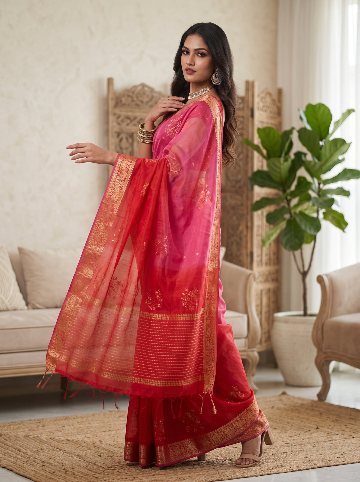 MIMOSA Strawberry Jaipur Saree — pose 9 styling detail