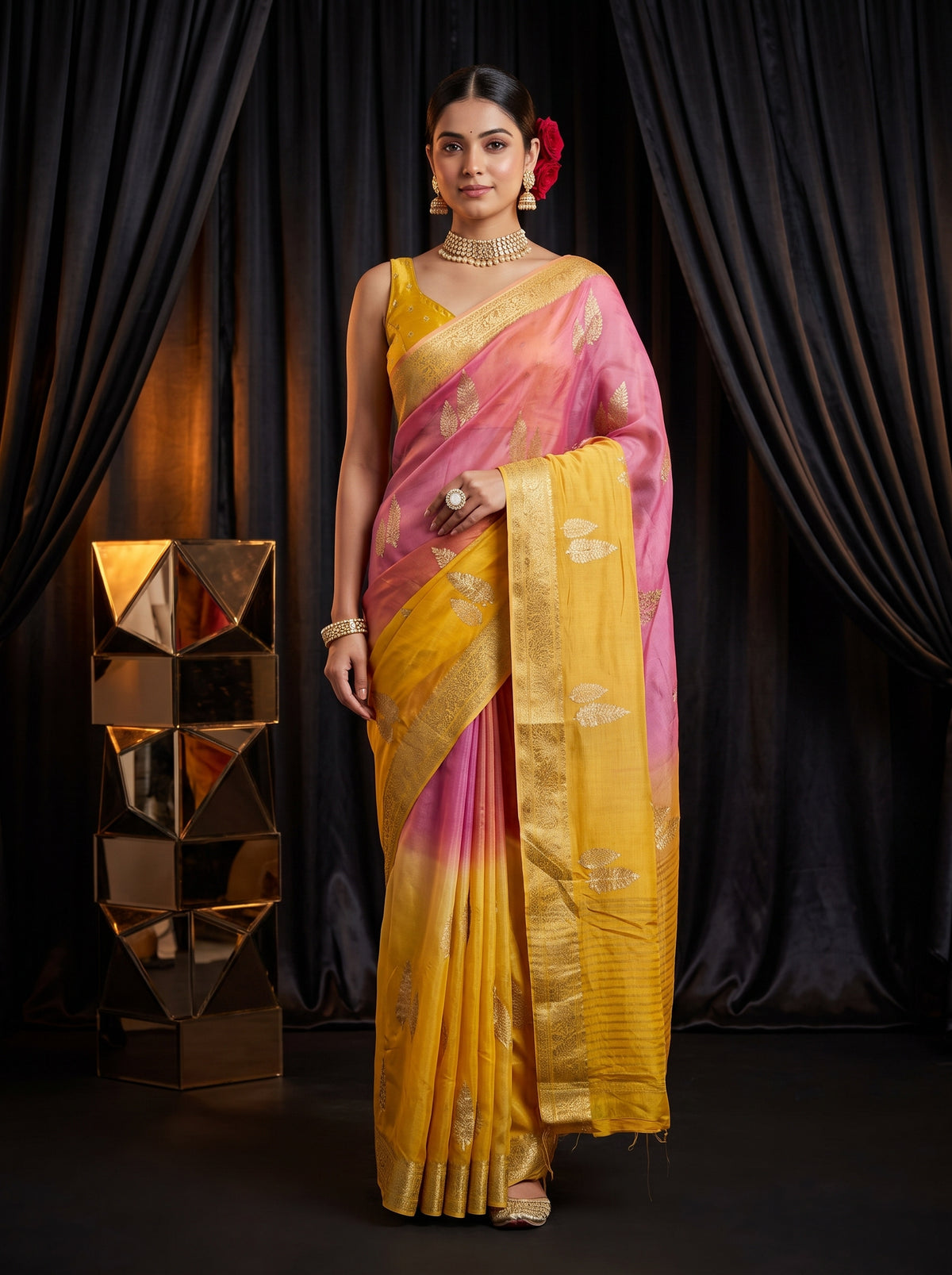 MIMOSA Gold Jaipur Pure Viscose Chiffon Saree — AI Model lifestyle
