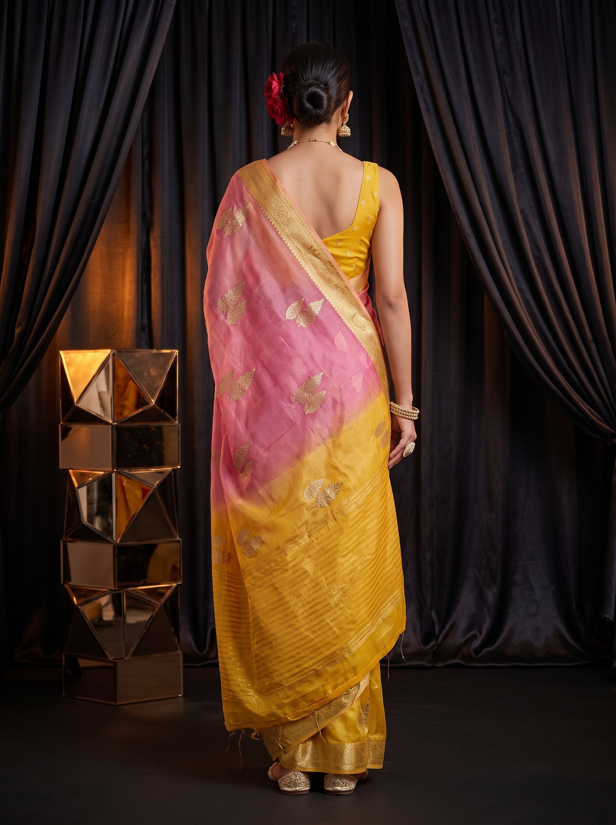 MIMOSA Gold Jaipur Pure Viscose Chiffon Saree — saree shot pallu body