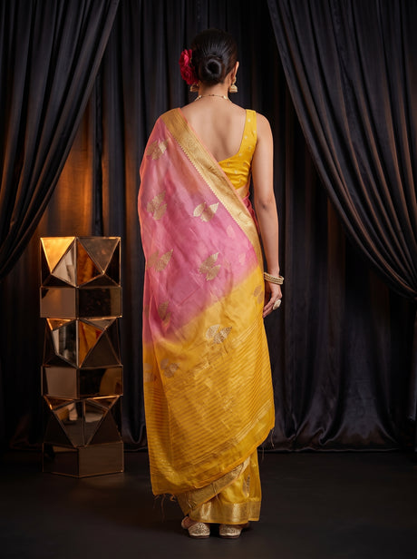 MIMOSA Gold Jaipur Pure Viscose Chiffon Saree — saree shot pallu body