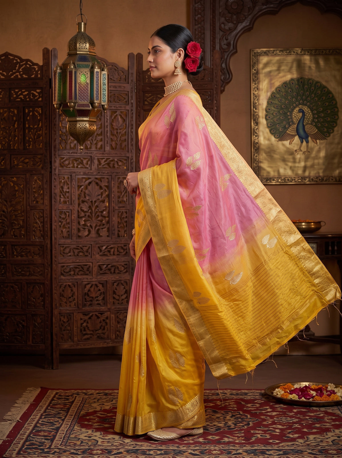 MIMOSA Gold Jaipur Pure Viscose Chiffon Saree — pose 3 styling detail