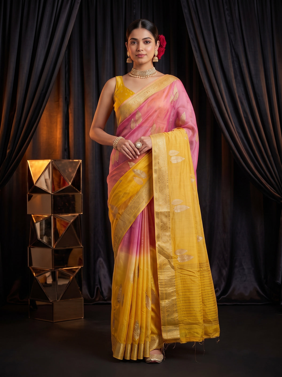 MIMOSA Gold Jaipur Pure Viscose Chiffon Saree — pose 4 styling detail