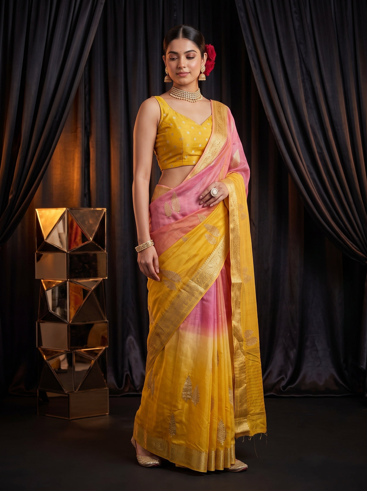 MIMOSA Gold Jaipur Pure Viscose Chiffon Saree — pose 9 styling detail