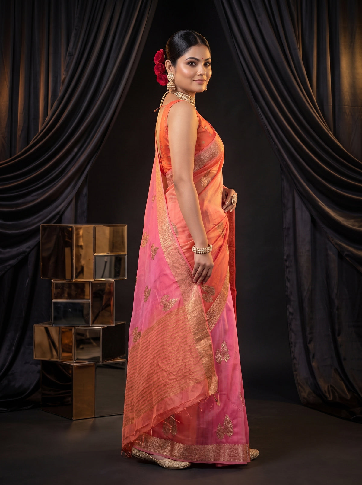MIMOSA Gajari Jaipur Pure Viscose Chiffon Saree — pose 5 styling detail