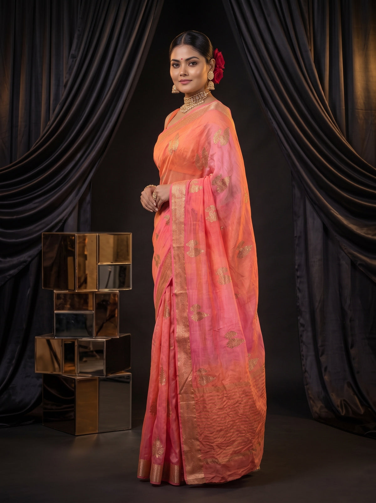 MIMOSA Gajari Jaipur Pure Viscose Chiffon Saree — pose 7 styling detail