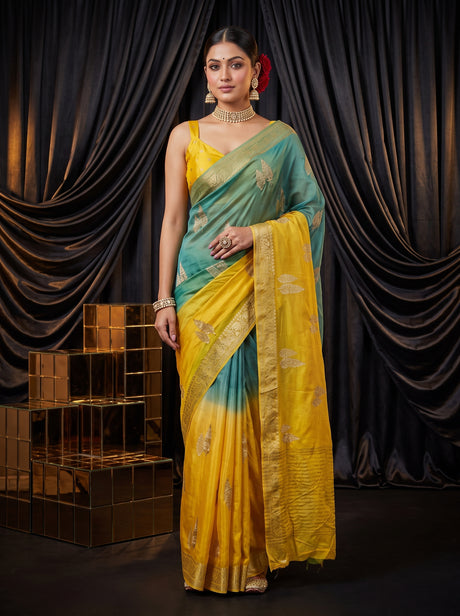 MIMOSA Mustard Jaipur Pure Viscose Chiffon Saree — AI Model lifestyle