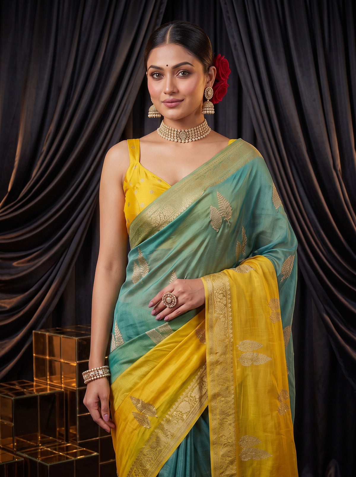 MIMOSA Mustard Jaipur Pure Viscose Chiffon Saree — pose 10 styling detail