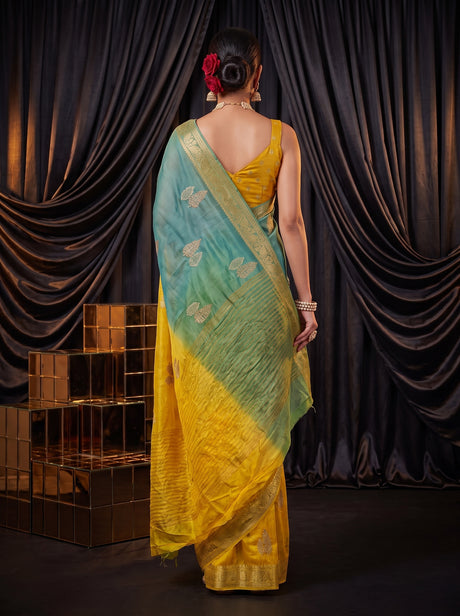 MIMOSA Mustard Jaipur Pure Viscose Chiffon Saree — saree shot pallu body