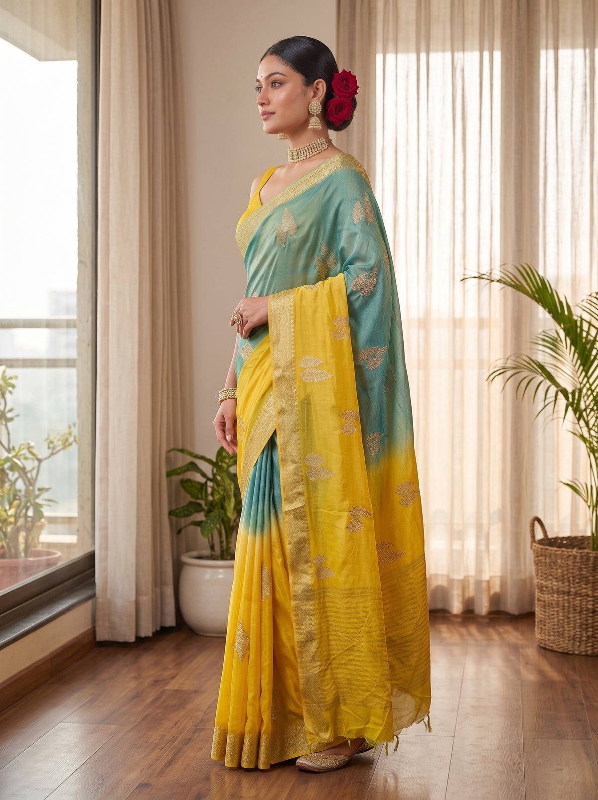 MIMOSA Mustard Jaipur Pure Viscose Chiffon Saree — pose 3 styling detail