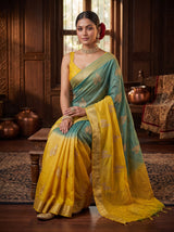 MIMOSA Mustard Jaipur Pure Viscose Chiffon Saree — pose 8 styling detail