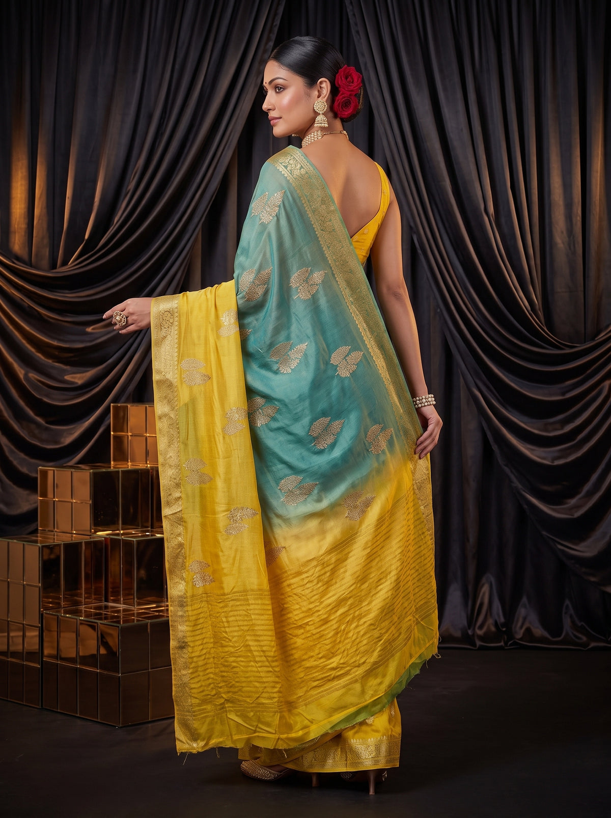 MIMOSA Mustard Jaipur Pure Viscose Chiffon Saree — pose 9 styling detail