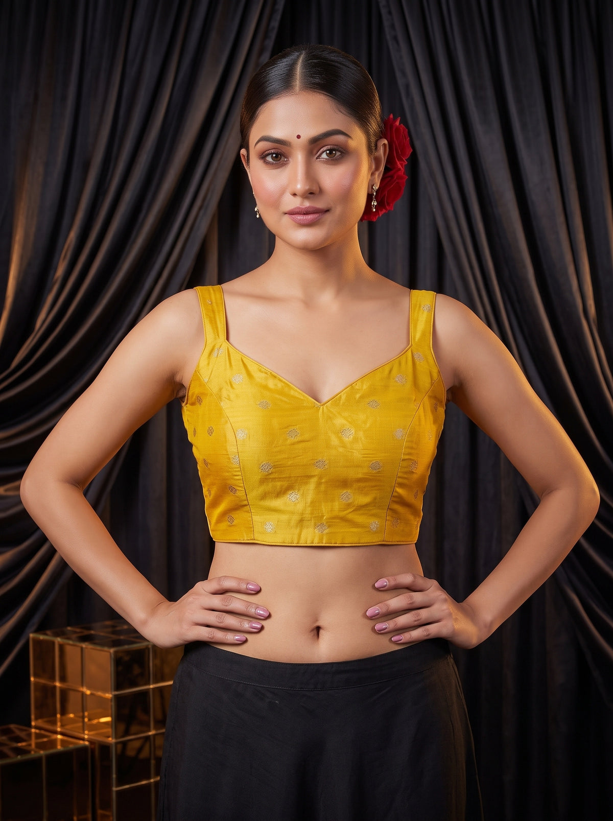 MIMOSA Mustard Jaipur Pure Viscose Chiffon Saree — blouse close-up