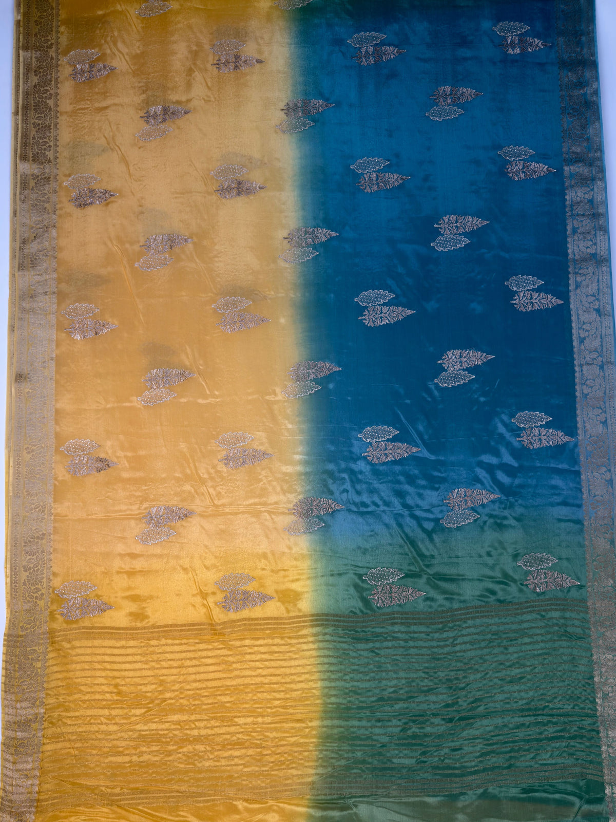 MIMOSA Mustard Jaipur Pure Viscose Chiffon Saree — pallu and zari work detail
