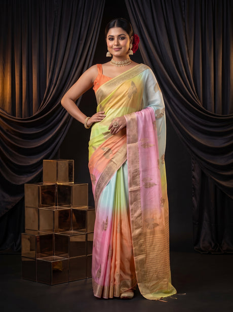 MIMOSA Pink Jaipur Pure Viscose Chiffon Saree — saree shot pallu body