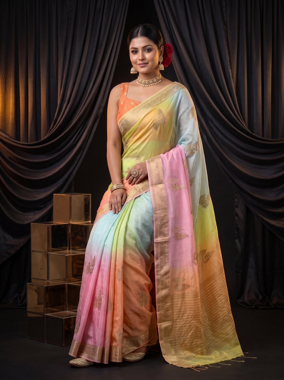 MIMOSA Pink Jaipur Pure Viscose Chiffon Saree — pose 8 styling detail