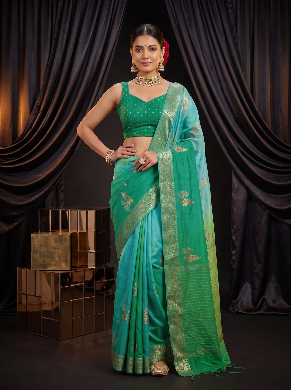 MIMOSA Rama Jaipur Pure Viscose Chiffon Saree — pose 4 styling detail