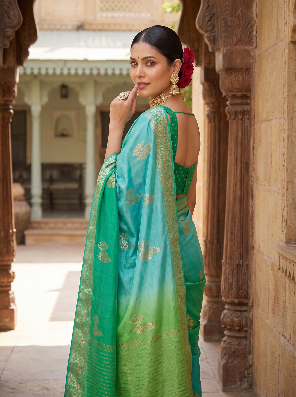 MIMOSA Rama Jaipur Pure Viscose Chiffon Saree — pose 5 styling detail