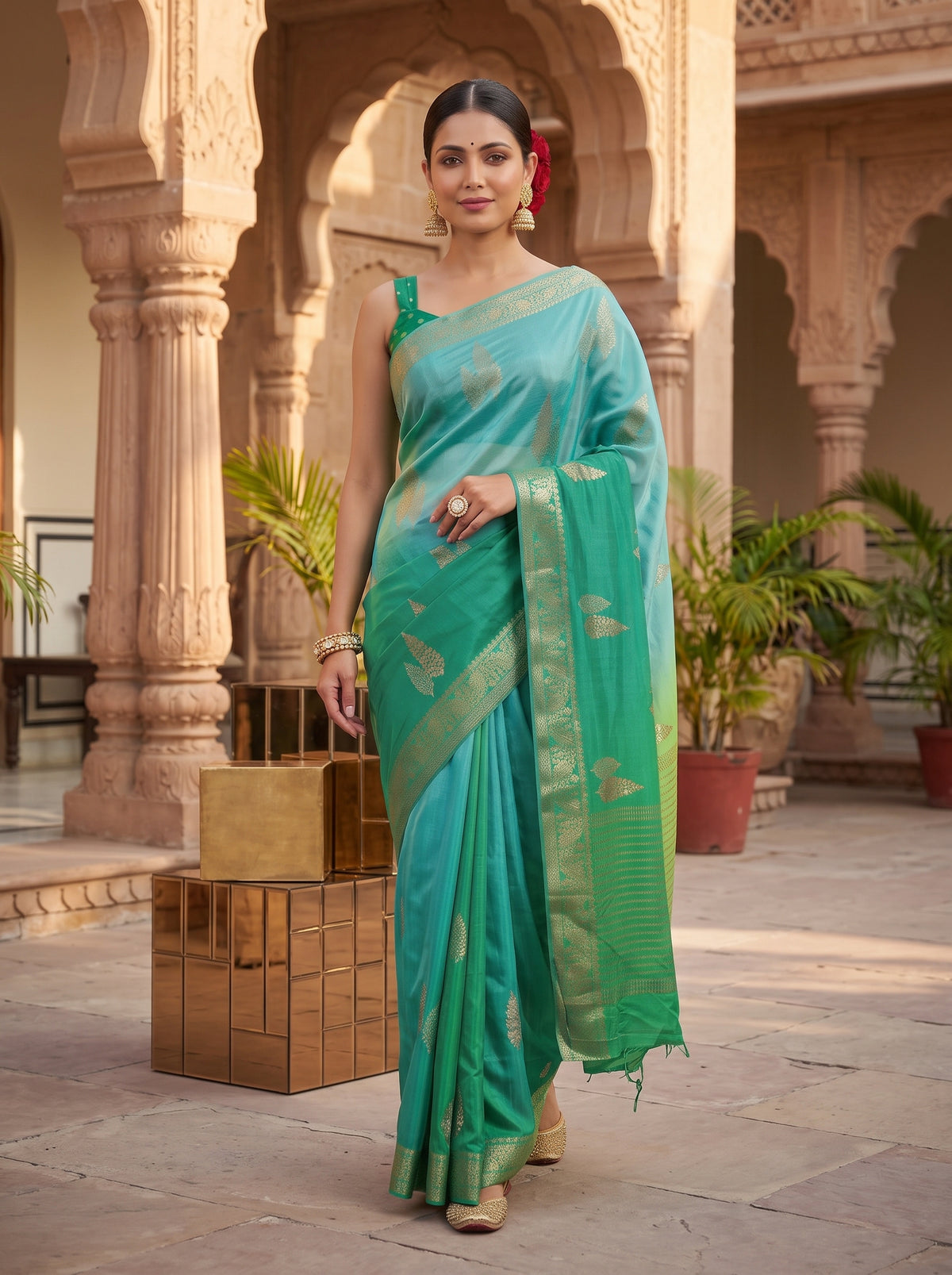 MIMOSA Rama Jaipur Pure Viscose Chiffon Saree — pose 6 styling detail