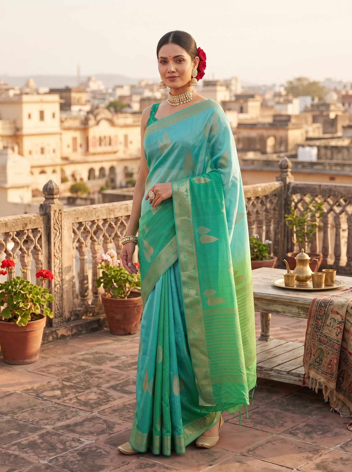 MIMOSA Rama Jaipur Pure Viscose Chiffon Saree — pose 9 styling detail