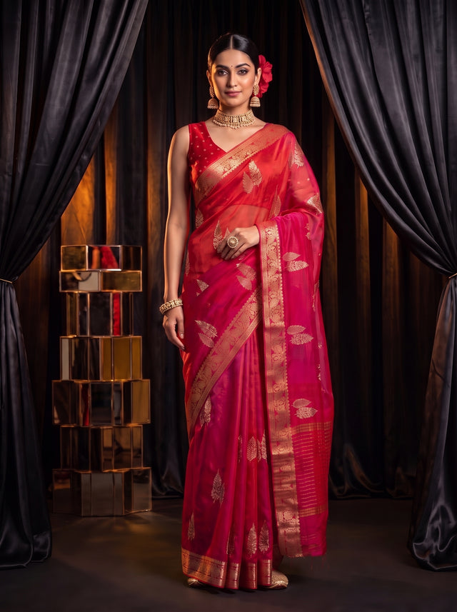 MIMOSA Strawberry Jaipur Pure Viscose Chiffon Saree — AI Model lifestyle