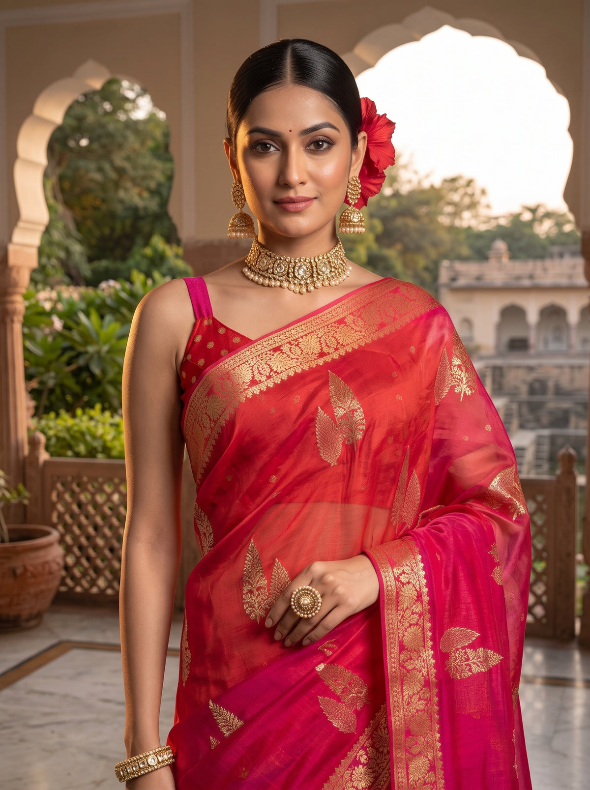 MIMOSA Strawberry Jaipur Pure Viscose Chiffon Saree — pose 10 styling detail