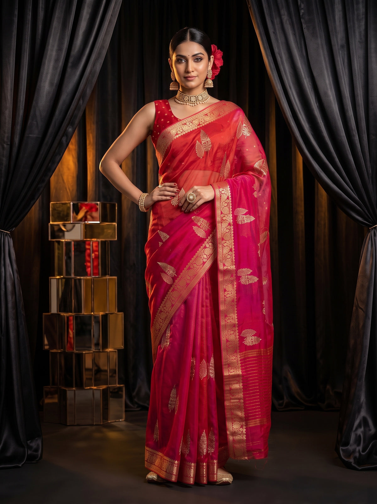 MIMOSA Strawberry Jaipur Pure Viscose Chiffon Saree — pose 4 styling detail