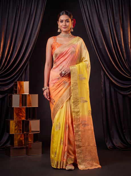 MIMOSA Yellow Jaipur Pure Viscose Chiffon Saree — AI Model lifestyle