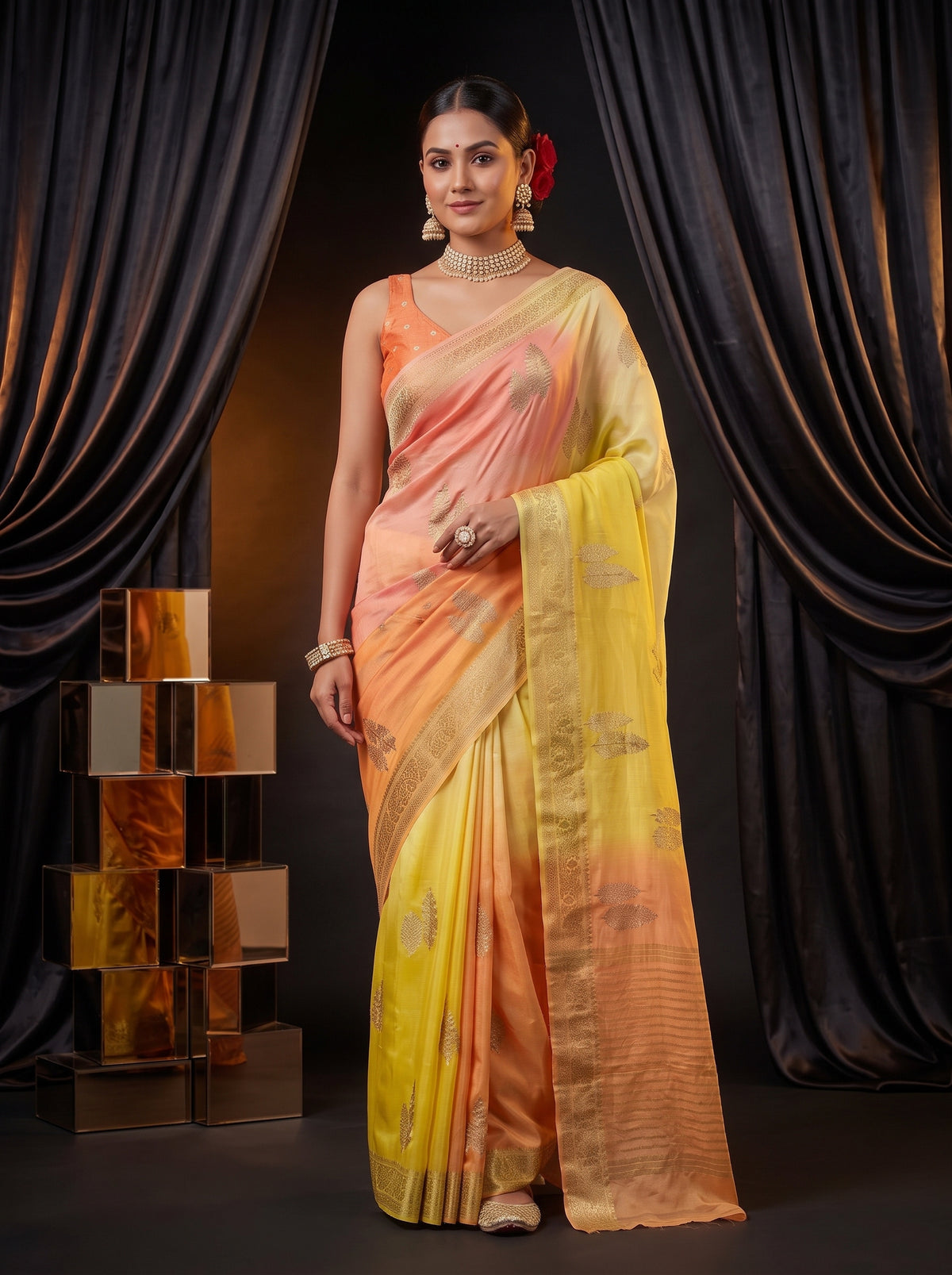 MIMOSA Yellow Jaipur Pure Viscose Chiffon Saree — pose 10 styling detail