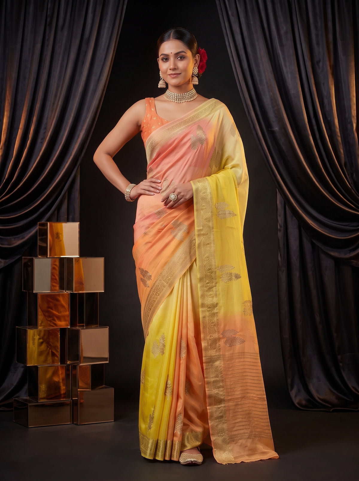 MIMOSA Yellow Jaipur Pure Viscose Chiffon Saree — pose 4 styling detail