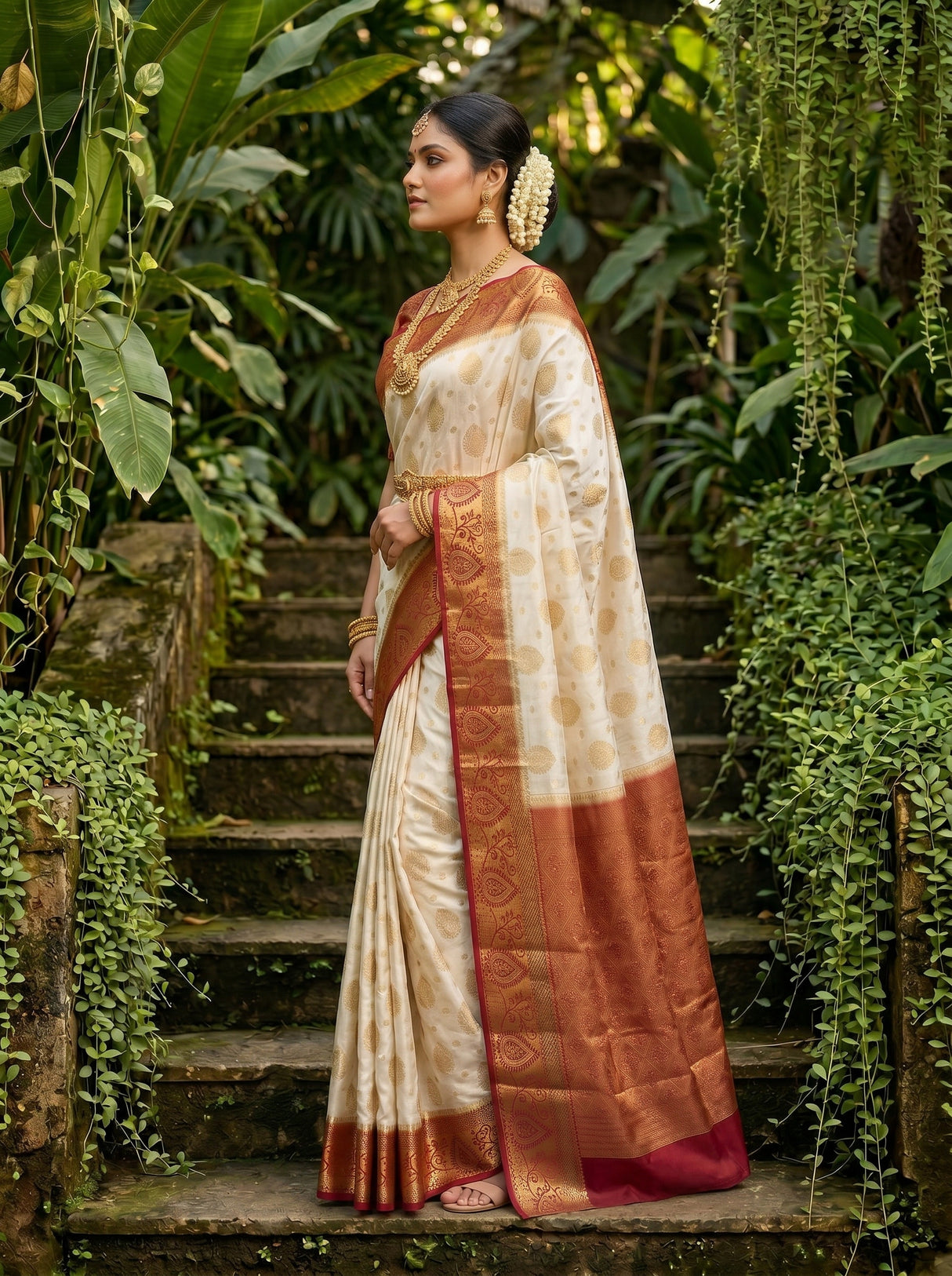MIMOSA White Kanjivaram Saree — pose 3 styling detail