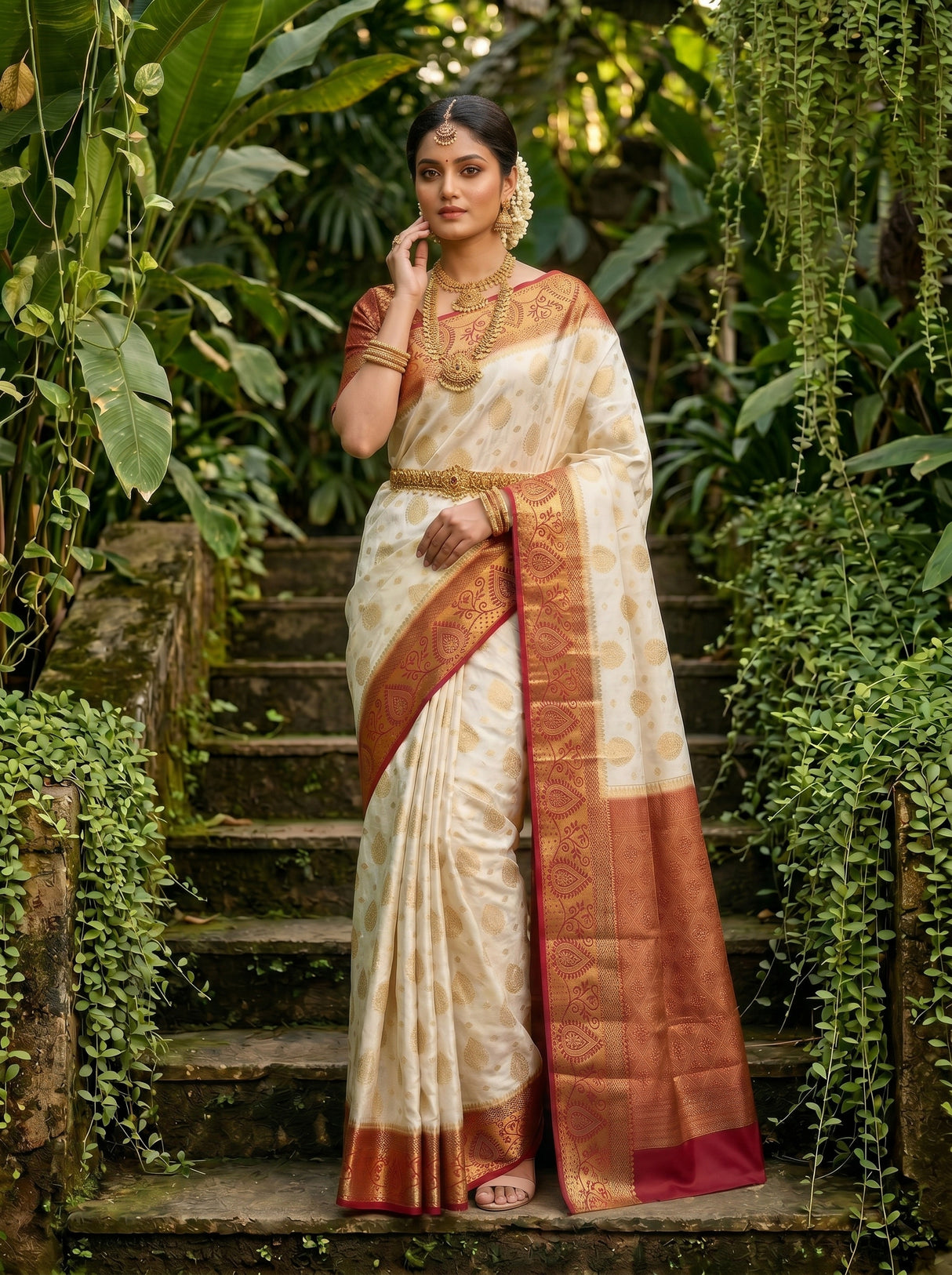 MIMOSA White Kanjivaram Saree — pose 4 styling detail