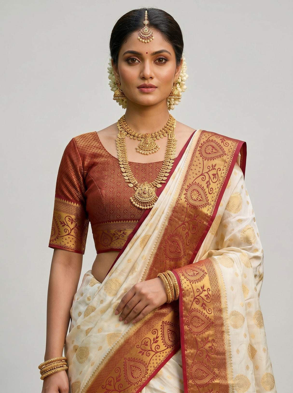 MIMOSA White Kanjivaram Saree — blouse close-up