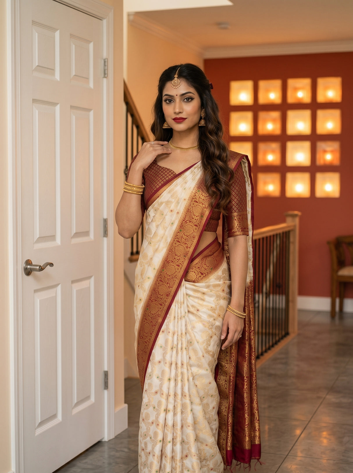 MIMOSA White Kanjivaram Saree — pose 10 styling detail